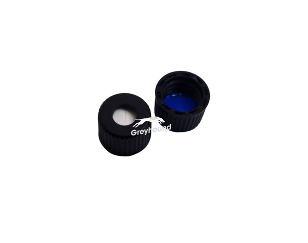 Picture of 8-425 Open Top Screw Cap, Black Polypropylene with Blue PTFE/White Silicone Septa, 1.5mm, Pre-Slit, (Shore A 55)